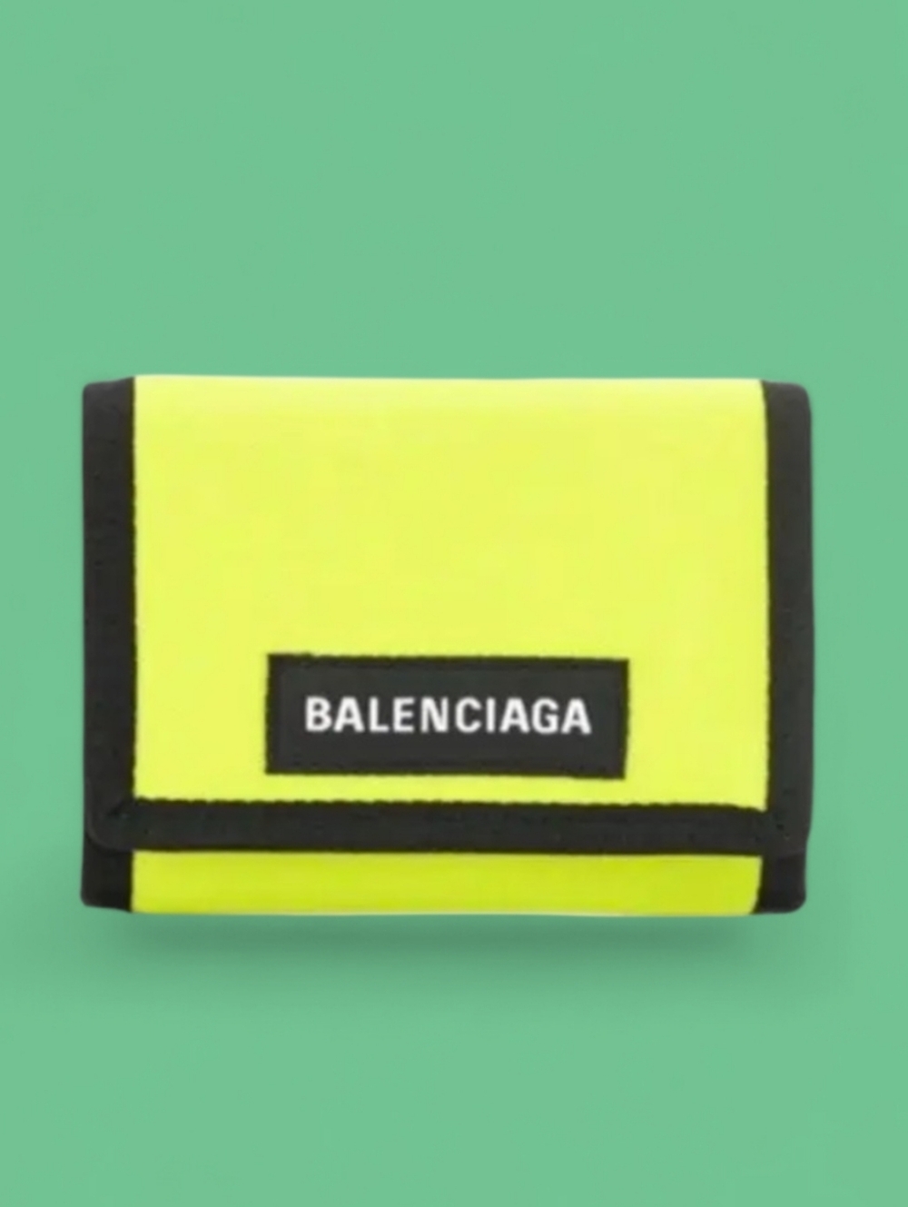 BALENCIAGA Mens Acid Green Wallet Trifold Nylon Italy Zip Neon Yellow Black Logo